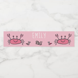 Cute Rosa Crab Sea Animals Girl Birthday Vattenflaska Etikett