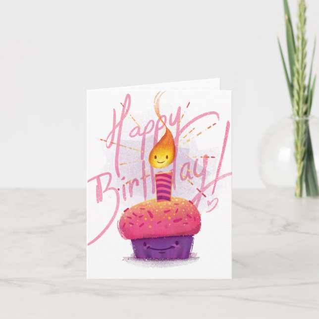 Cute Rosa Cupaka & Tecknad Candle Birday Card Kort (Framsida)