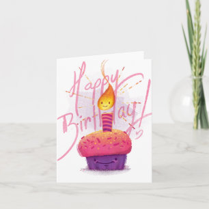 Cute Rosa Cupaka & Tecknad Candle Birday Card Kort