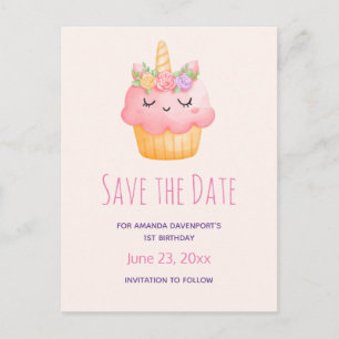 Cute Rosa Cupcoa Unicorn med Ro Spara datum Inbjudan Vykort