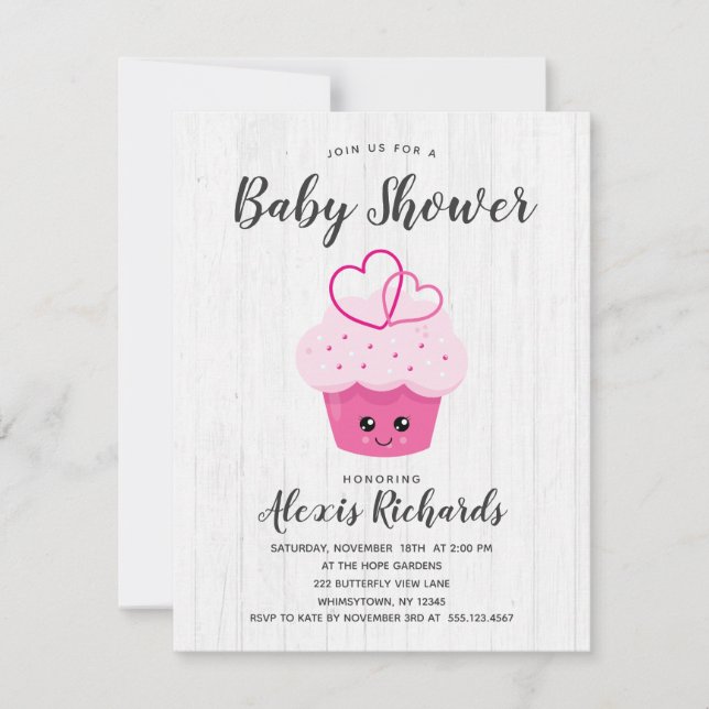 Cute Rosa Cupkaka Kawaii Baby Shower-inbjudan Inbjudningar (Framsida)