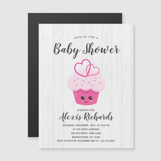Cute Rosa Cupkaka Kawaii Baby Shower-inbjudan Magnetisk Inbjudningskort (Fram/baksida)