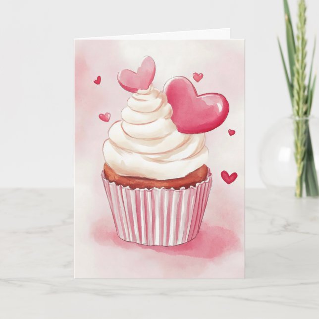 Cute Rosa Cupkaka och Hjärter Helgkort (Framsida)