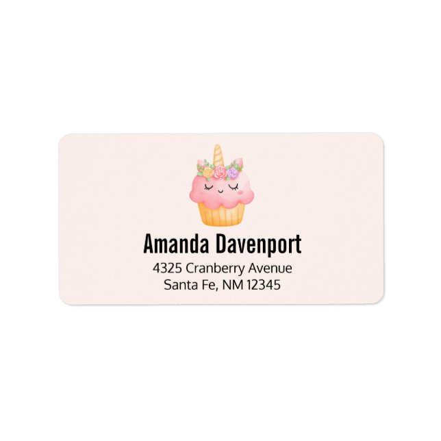 Cute Rosa Cupkaka Unicorn med Ro Adressetikett (Framsidan)