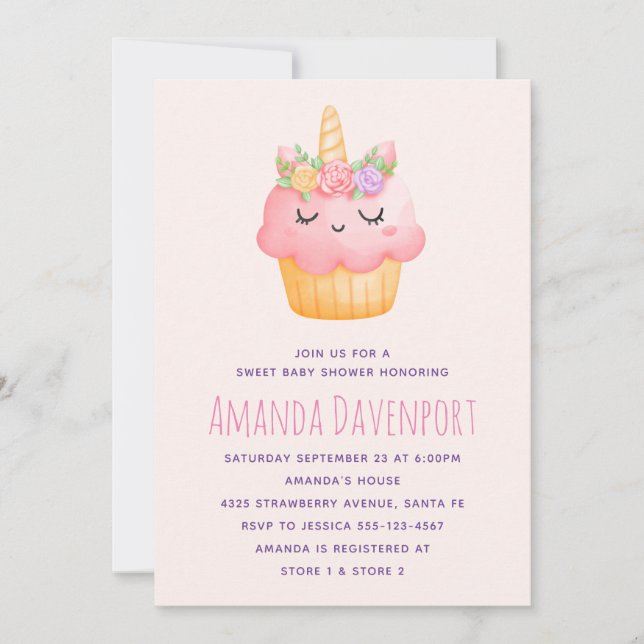 Cute Rosa Cupkaka Unicorn med Ro Baby Shower Inbjudningar (Framsida)