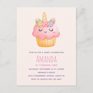 Cute Rosa Cupkaka Unicorn med Ro Birday Inbjudan Vykort