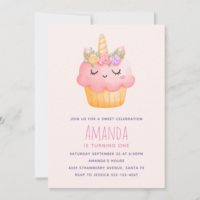 Cute Rosa Cupkaka Unicorn med Ro Birday Inbjudningar (Framsida)