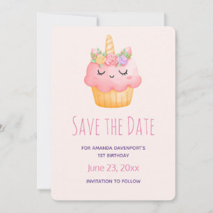 Cute Rosa Cupkaka Unicorn med Ro Birday Spara Datumet