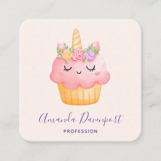 Cute Rosa Cupkaka Unicorn med Ro Fyrkantigt Visitkort (Framsida)