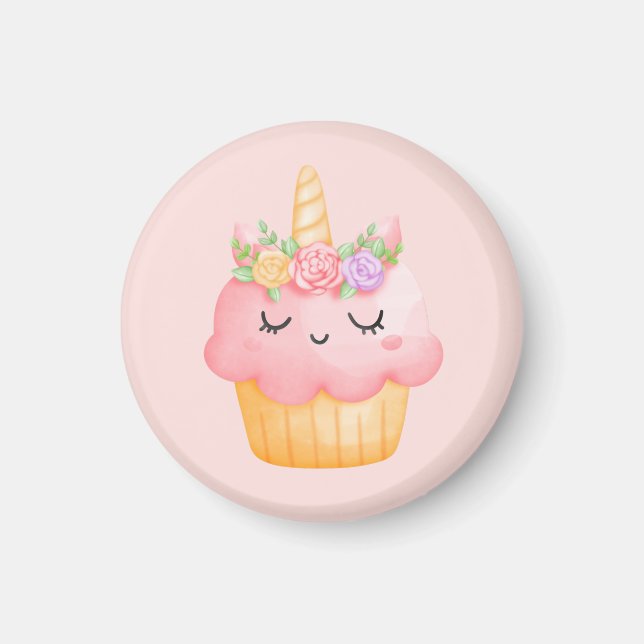 Cute Rosa Cupkaka Unicorn med Ro Magnet (Framsidan)