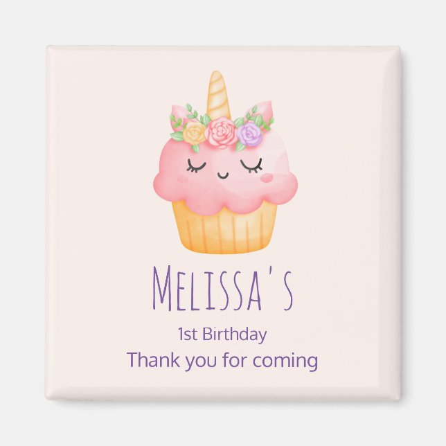 Cute Rosa Cupkaka Unicorn med Ro Party Magnet (Framsidan)