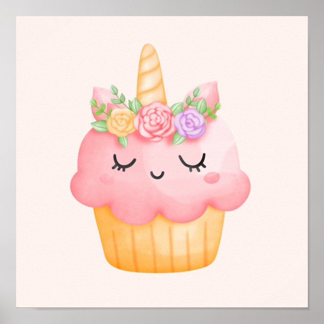 Cute Rosa Cupkaka Unicorn med Ro Poster (Framsidan)