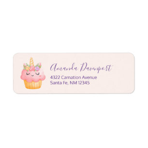 Cute Rosa Cupkaka Unicorn med Ro Returadress Etikett