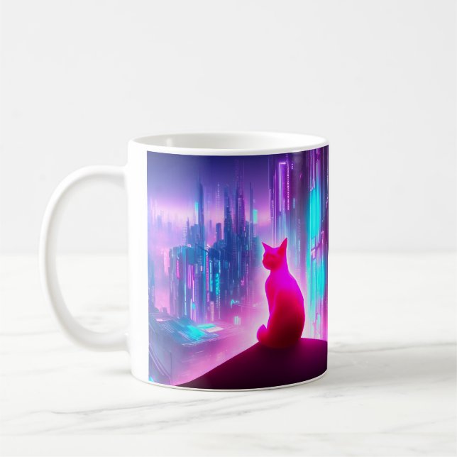 Cute Rosa Cyber Punk City Cat Kaffemugg (Vänster)