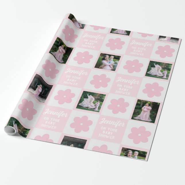 Cute Rosa Daisy Checkerboard Photo Baby Shower Presentpapper (Utrullad)