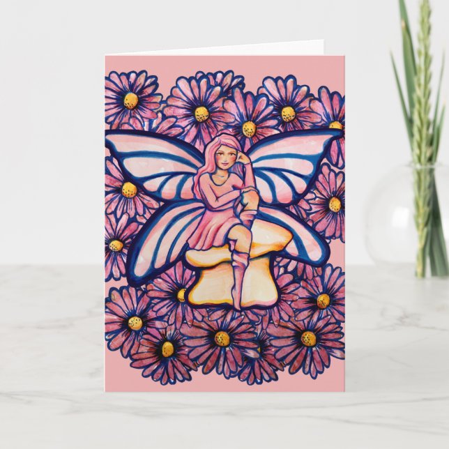 Cute Rosa Daisy Fairy Mushroom Art Älvors Kort (Framsida)