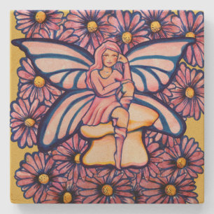Cute Rosa Daisy Fairy Mushroom Art Älvors Stenunderlägg