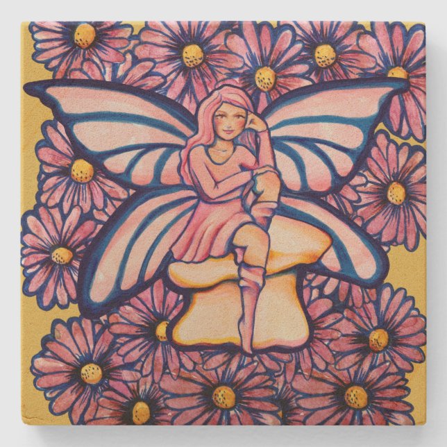 Cute Rosa Daisy Fairy Mushroom Art Älvors Stenunderlägg (Framsidan)