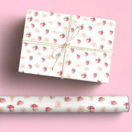 Cute Rosa Daisy & Jordgubbar Pastel Watercolor Presentpapper
