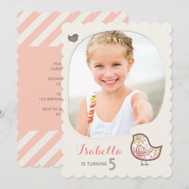 Cute Rosa Damask Bird Photo Girl Birthday Inbjudan (Fram/baksida)