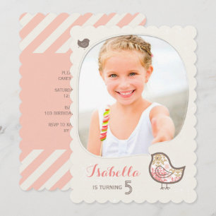 Cute Rosa Damask Bird Photo Girl Birthday Inbjudan