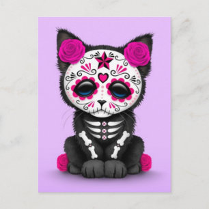 Cute Rosa Day of the dead Kitten Cat, lila Vykort
