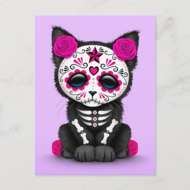 Cute Rosa Day of the dead Kitten Cat, lila Vykort (Framsida)