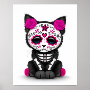 Cute Rosa Day of the dead Kitten Cat, vitt Poster