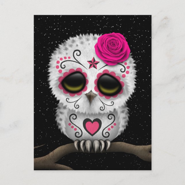 Cute Rosa Day of the dead Sugar Skull Uggla Stars Vykort (Framsida)