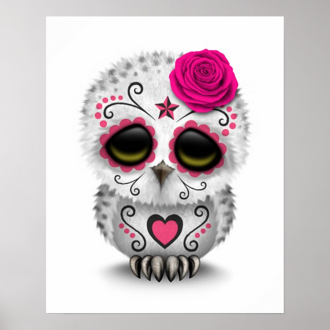Cute Rosa Day of the dead Sugar Skull Uggla White Poster (Framsidan)