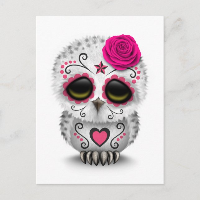 Cute Rosa Day of the dead Sugar Skull Uggla White Vykort (Framsida)