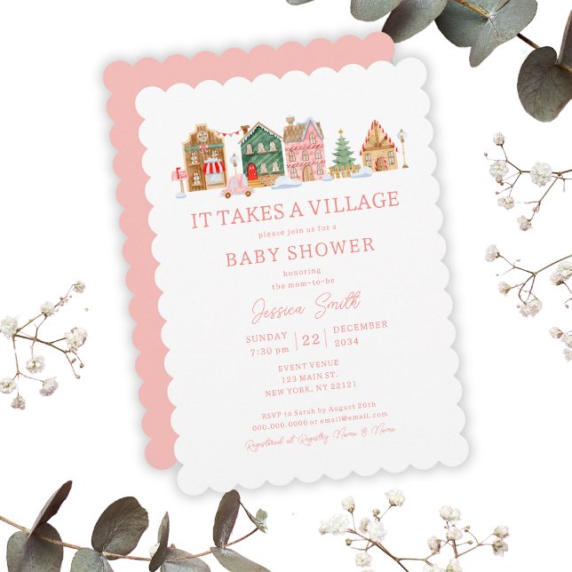 Cute Rosa Det tar en babystövel för byar. Inbjudningar (Cute Pink It Takes A Village Christmas Baby Shower Invitation
)