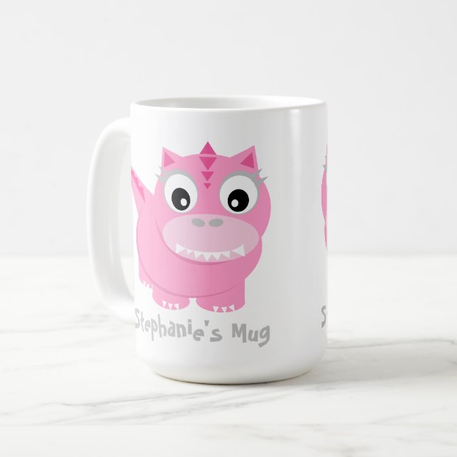 Cute Rosa Dino Kawaii Tecknad Kaffemugg (Framsida vänster)