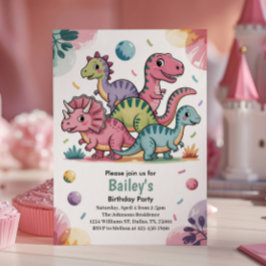 Cute Rosa Dinosaur-Barns födelsedag-partiets inbju Inbjudningar