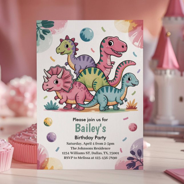 Cute Rosa Dinosaur-Barns födelsedag-partiets inbju Inbjudningar (Skapare uppladdad)