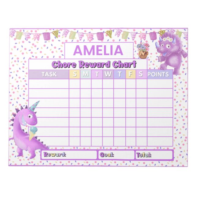 Cute Rosa Dinosaur Chore Reward Chart Personlig Anteckningsblock (Framsida)