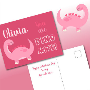 Cute rosa dinosaur-flicka Valentindagen Dino-Mite Helg Vykort