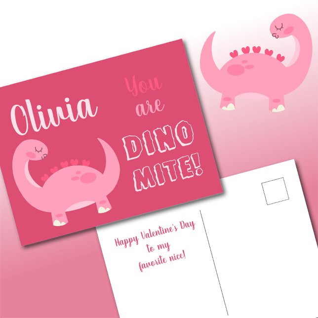 Cute rosa dinosaur-flicka Valentindagen Dino-Mite Helg Vykort (Skapare uppladdad)