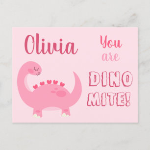 Cute rosa dinosaur-flicka Valentindagen Dino-Mite Vykort