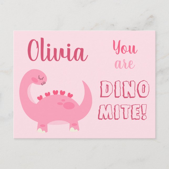 Cute rosa dinosaur-flicka Valentindagen Dino-Mite Vykort (Framsida)