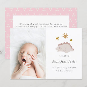 Cute Rosa Dinosaur Girl Baby Photo Birth Meddelande