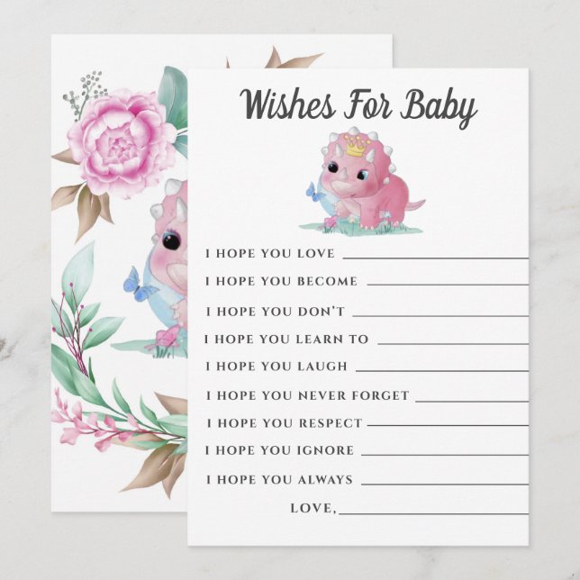 Cute Rosa Dinosaur Peony Önskemål Baby Shower Card (Fram/baksida)