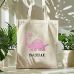 Cute Rosa Dinosaur-Personlig Tygkasse<br><div class="desc">Den här flickans väska är en söt illustration av en rosa dinosaurie med långa ögonfransar. Anpassa den med ditt barns namn i svart brev. Gör en underbar väska i bok!</div>