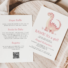 Cute Rosa Dinosaur QR Code Girl Baby Shower Inbjudningar