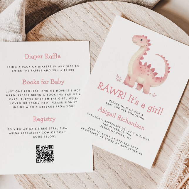 Cute Rosa Dinosaur QR Code Girl Baby Shower Inbjudningar (Skapare uppladdad)