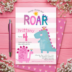 Cute Rosa Dinosaurs Stomp Chomp Roar Girl Birthday Inbjudningar
