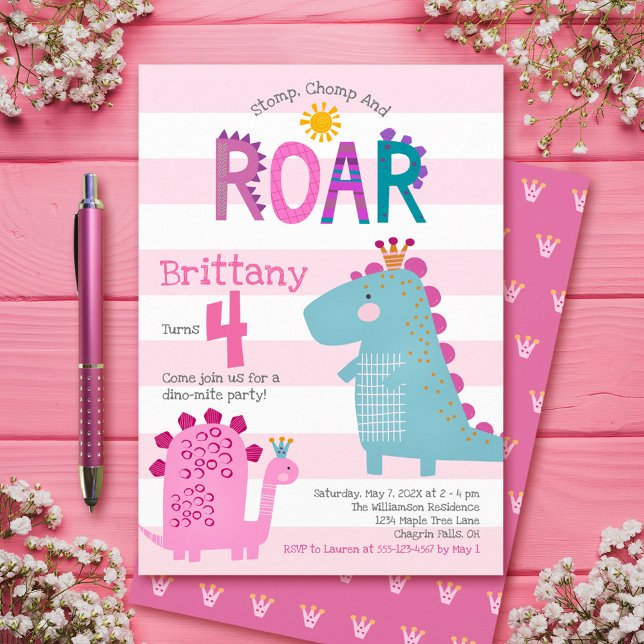 Cute Rosa Dinosaurs Stomp Chomp Roar Girl Birthday Inbjudningar (Skapare uppladdad)