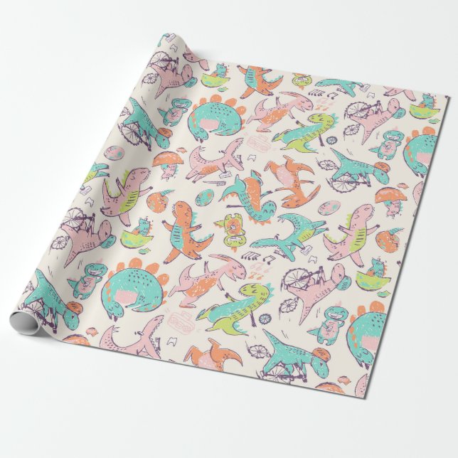 Cute Rosa Dinosaurs Whimsical Mönster Presentpapper (Utrullad)