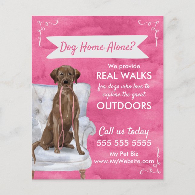 Cute Rosa Dog Walker Flyer med Swirls och Banner (Framsidan)
