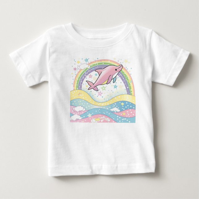 Cute Rosa Dolphin Baby T-Shirt med Rainbow Stars (Framsida)